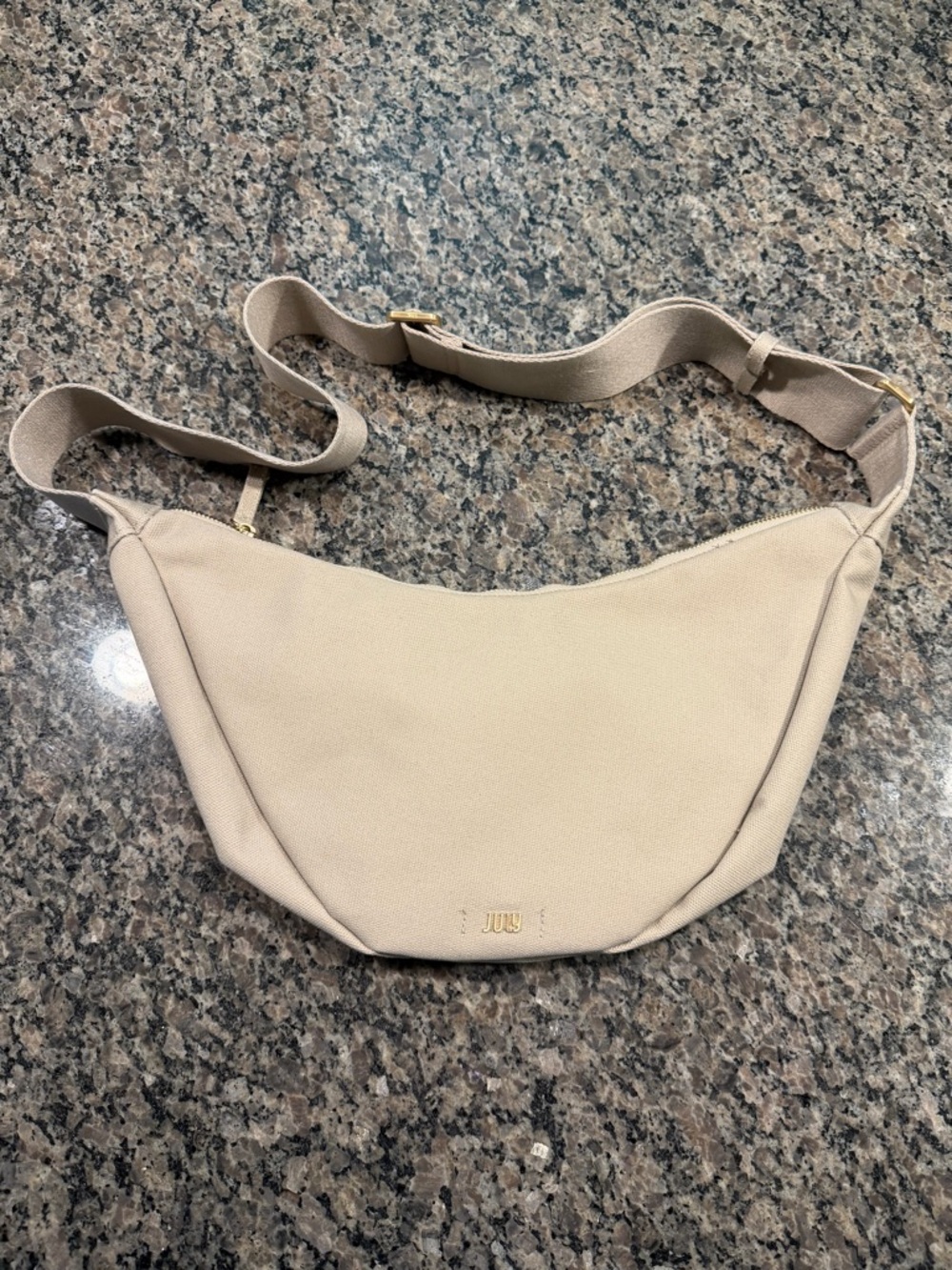 July Beige Crescent Crossbody Shoulder Bag with Gold Accents